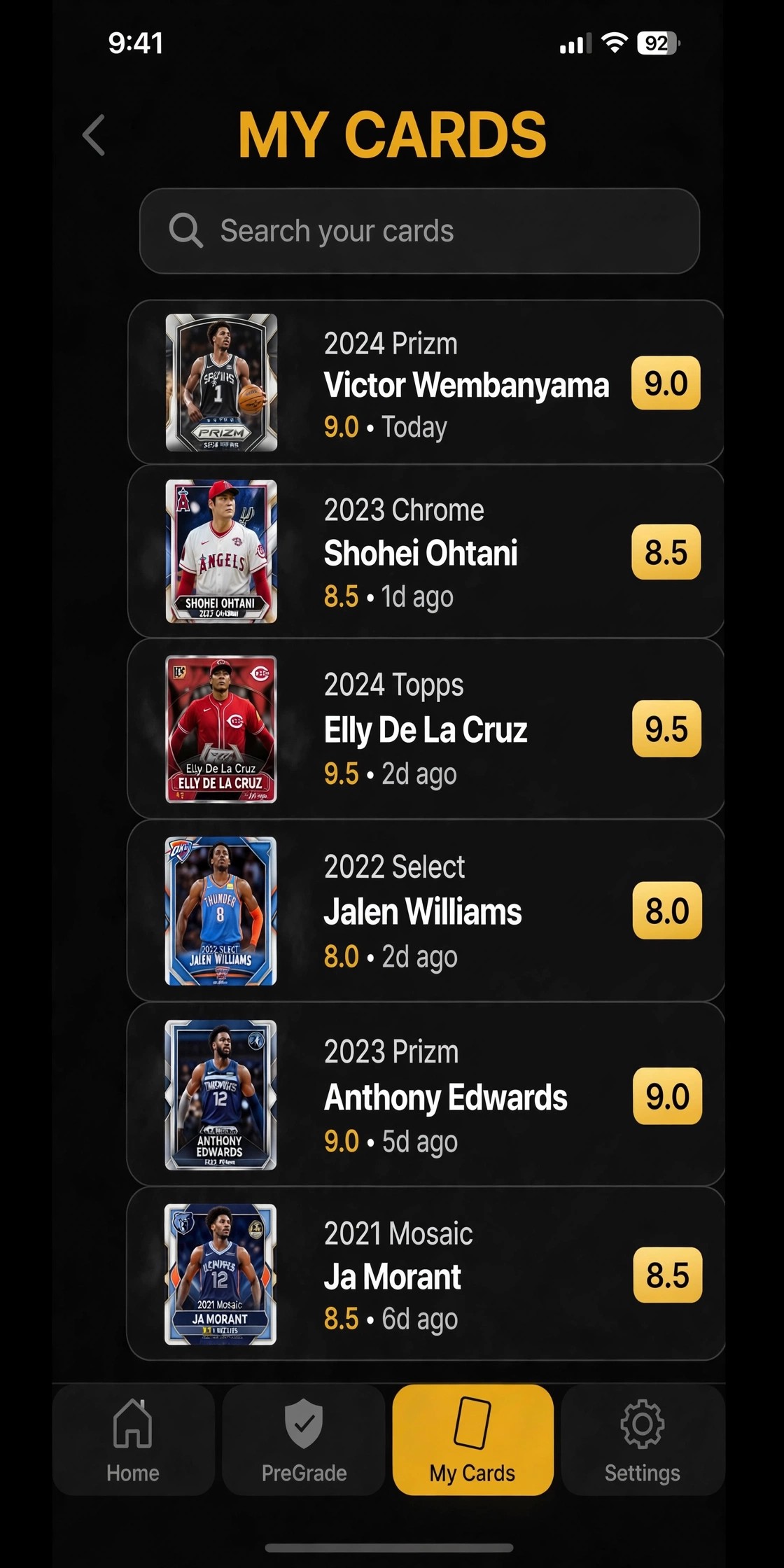 Optic Grading app: My Cards