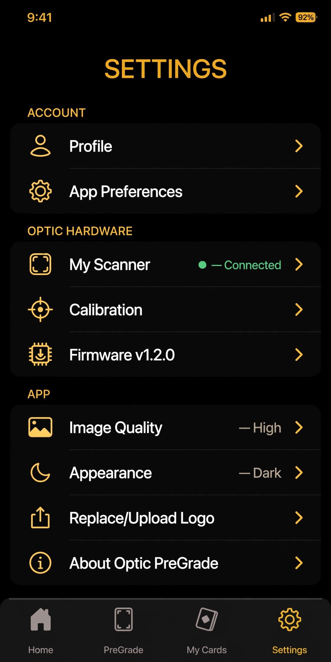 Optic Grading app: Settings