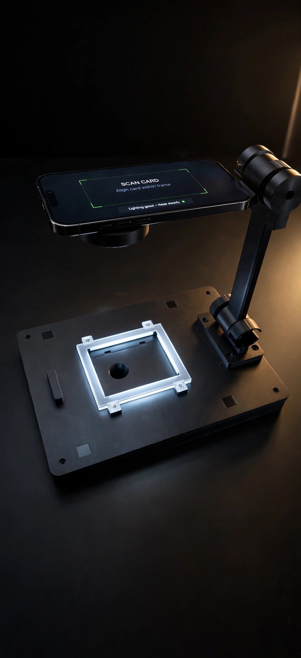 Optic Grading pre-grading station with magnetic puck phone mount, LED lighting, and card cradle